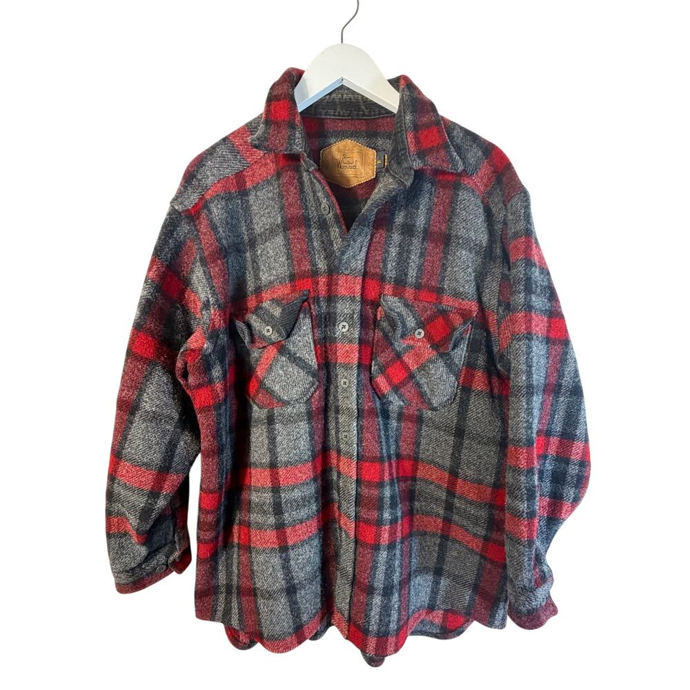 Vintage 80s Woolrich Wool Shirt Jack XL Red Grey Plaid Shacket Made in USA Heavy